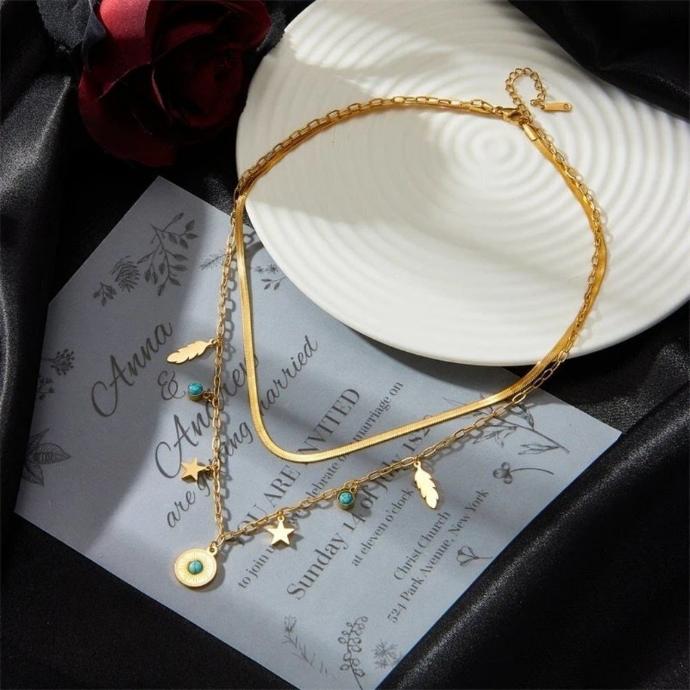 Fine Jewelry 2 Layer Leaves Star Cracked Stone Charm Chain Choker Necklaces - Picture 6 of 7